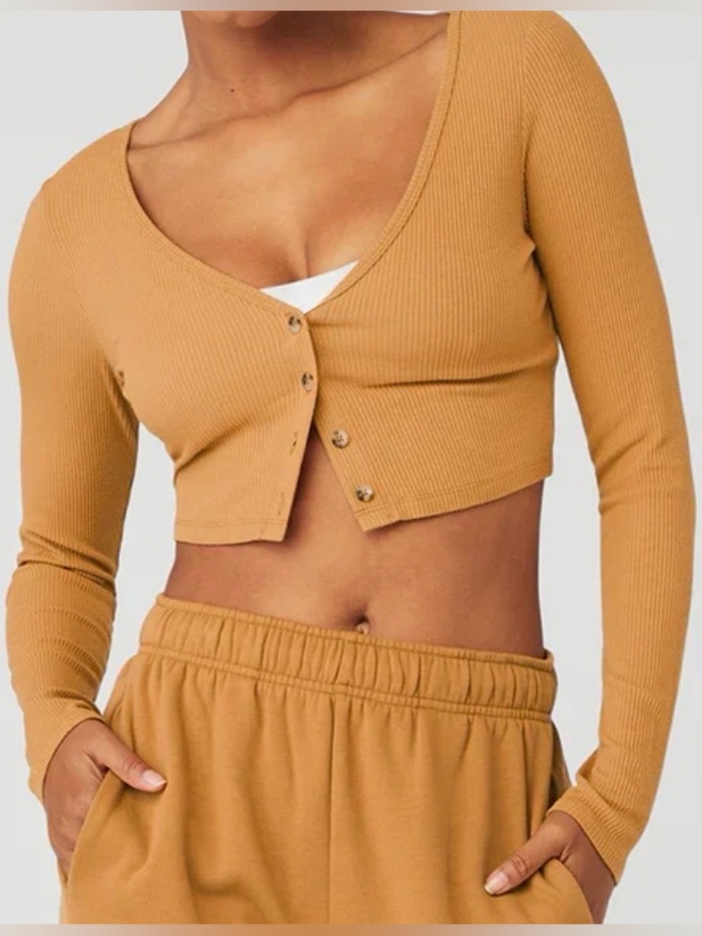 ALO Yoga Ribbed V-Neck Button Front Cropped Long Sleeve Top Tan